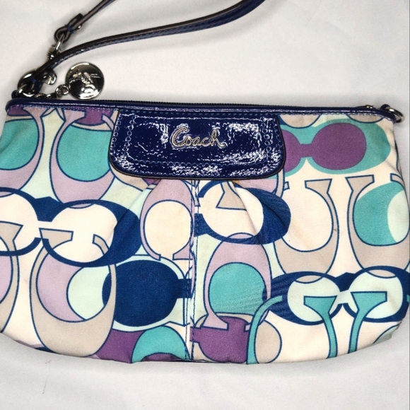 Coach Vintage Poppy Purple, Blue & Teal Monogram Wristlet - Picture 1 of 9
